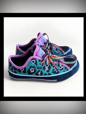 Converse Girls Low Top Sneakers Teal Leopard Pink Trim and Rainbow Laces 10.5